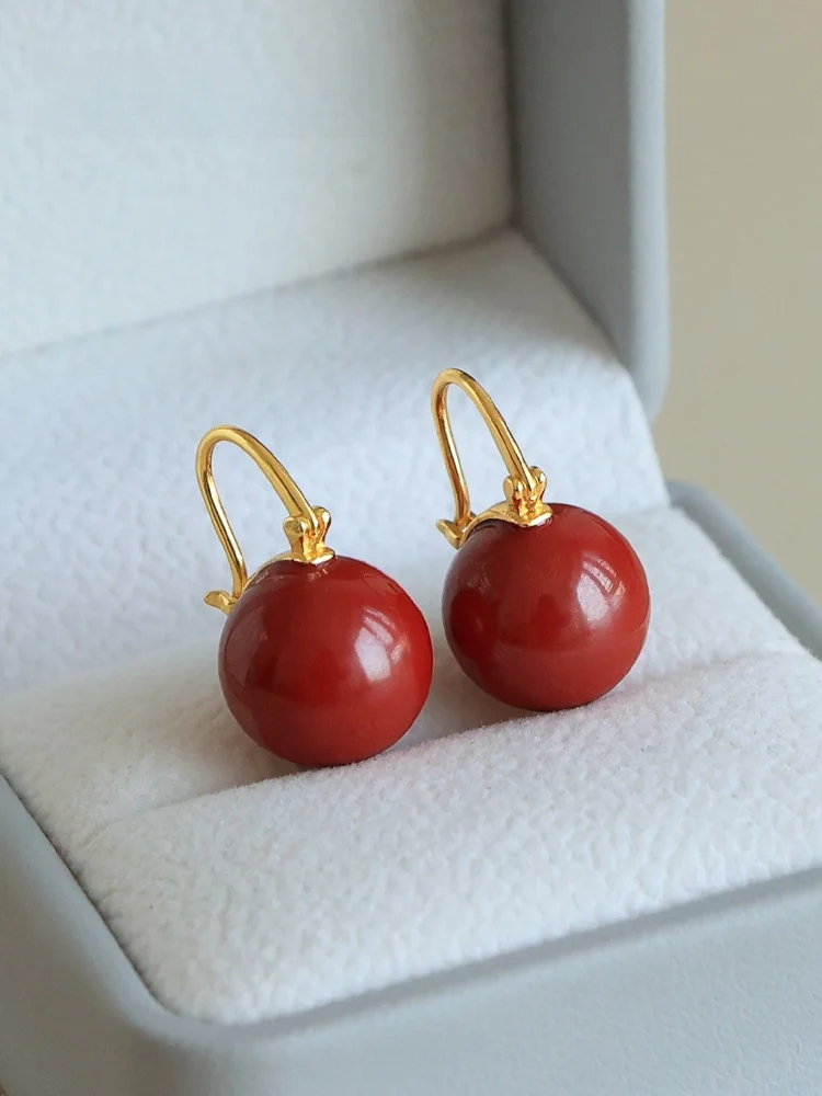 Женские серьги из натуральной киновари стерлинговое серебро S925 позолоченные