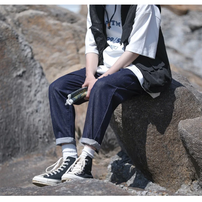 Streetwear Men 2022 New Pattern Recreational Navy Blue Broad Leg Pants Straight Cylinder Comfortable Loose Jeans Autumn Female