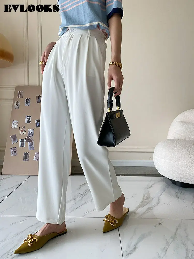 

EVLOOKS Blue Pleated Long Wide Pants High Elastic Waist New Loose Fit Trousers Women Fashion Tide Spring Autumn 2022 L158