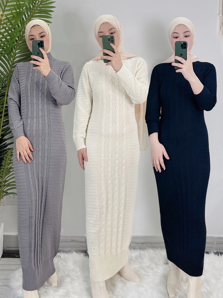 

Winter Muslim Knitted Cardigan Abaya Women Inner Dress Slim Caftan Long Thicken Sweater Abayas Autumn Robe Femme Musulmane 2022