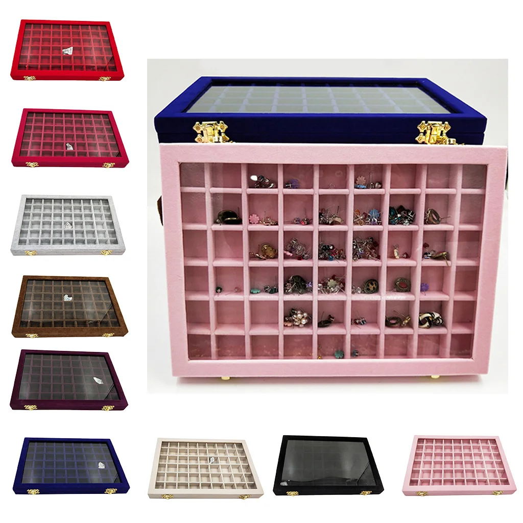 

Velvet Jewelry Box Jewellery Storage Earring Organizer with Glass for Lid Ring Bracelet Necklace Watch Pendant Tray Showcase
