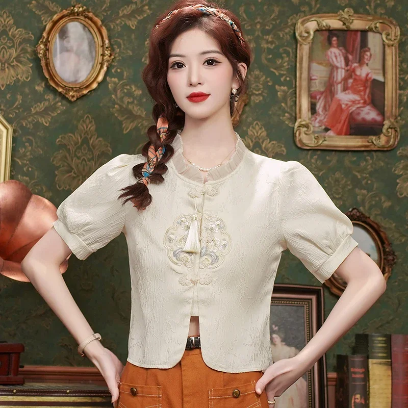 Женская шифоновая блузка с коротким рукавом и оборками вышивкой кисточками