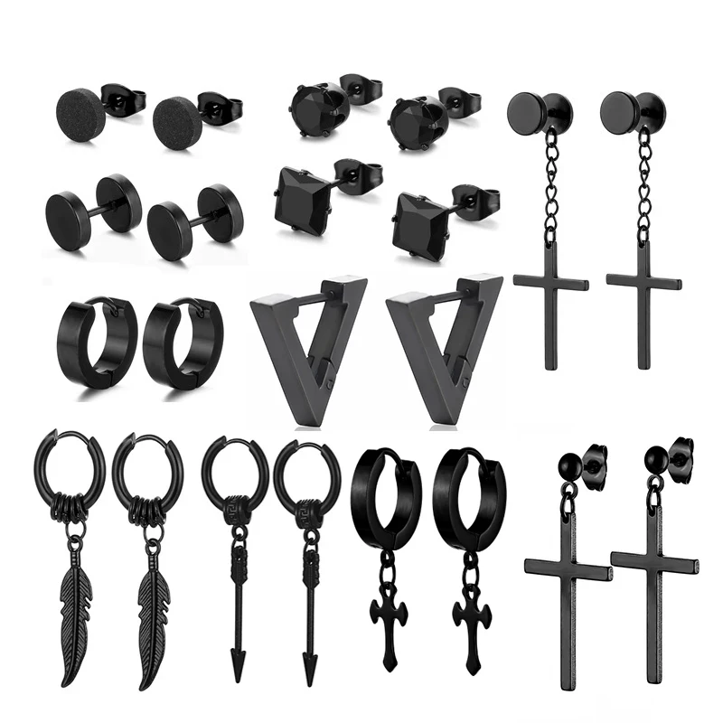 

Men Earrings Geometric Titanium Stainless Steel Punk Couple Love Stud Earrings Goth Ear Cuffs Clip-on Earrings for Women Jewelry