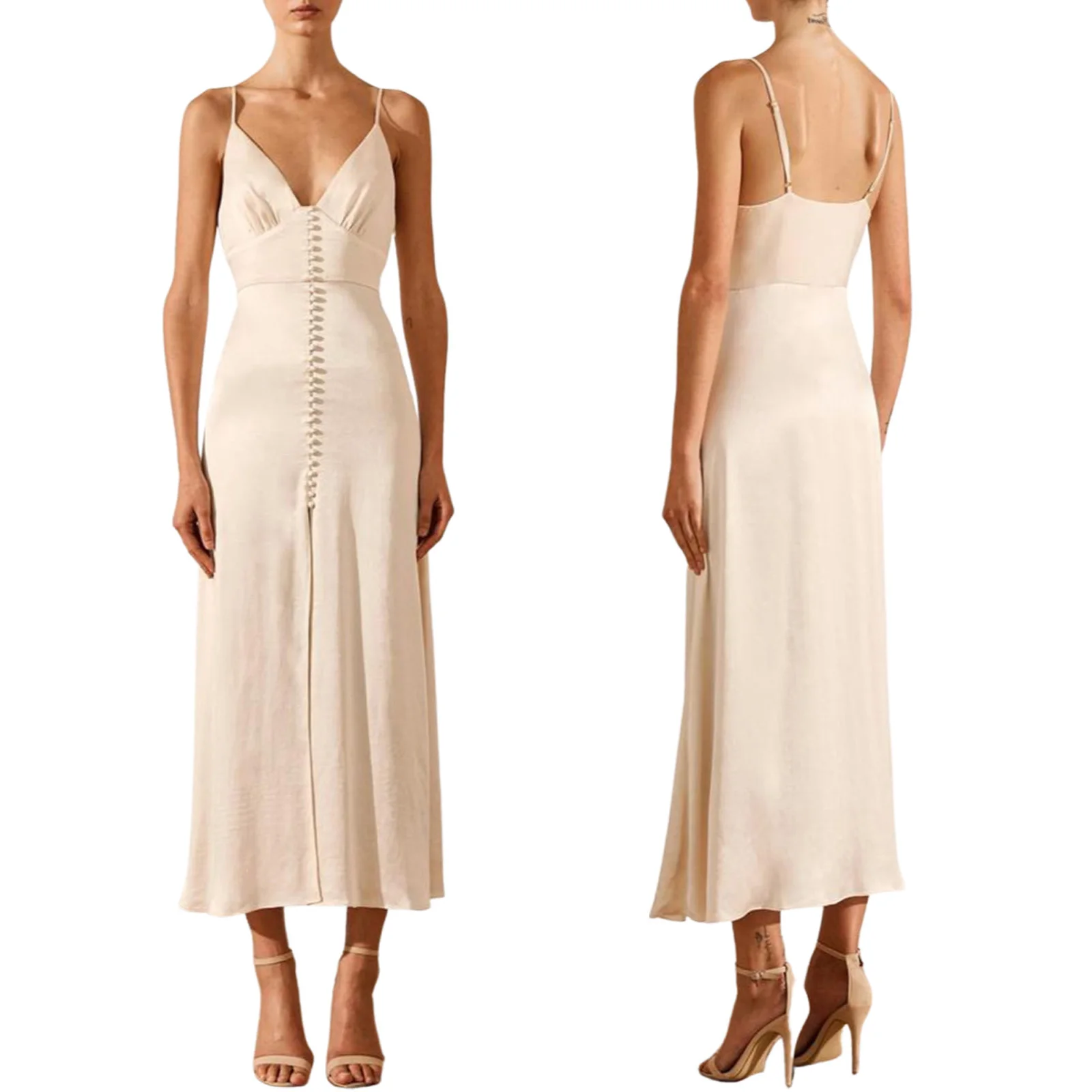 

Women's Sexy Sleeveless Sling Long Dress Casual Tight Solid Color Skirt V-neck High Waist Split Dress