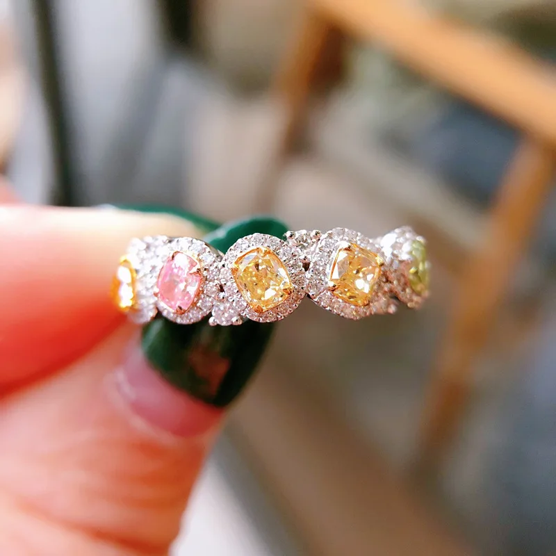 

New Luxury Imitation Natural Colored Diamond Row Ring Light Luxury Design Candy Hit Color Baoman Diamond Ring Female