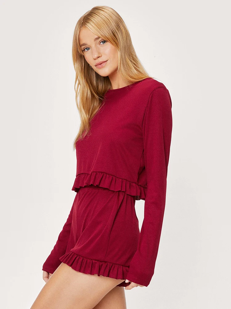 

Пижама женская с оборками и длинным рукавом, с шортами