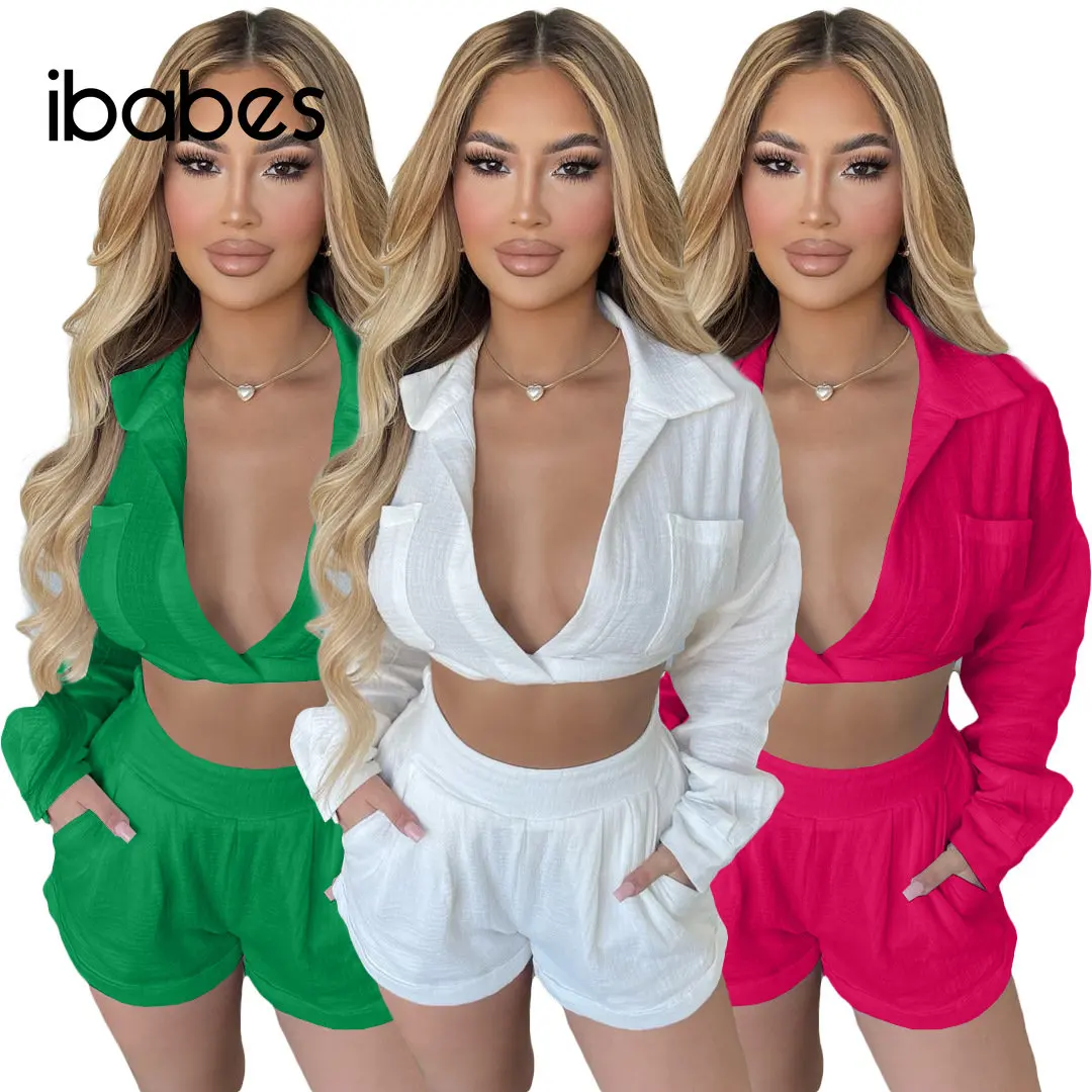 

Fitness Women 2 Piece Set Solid Long Sleeve Lapel Neck Crop Top Shirts High Waist Shorts Matching Set 2023 Summer New Tracksuits