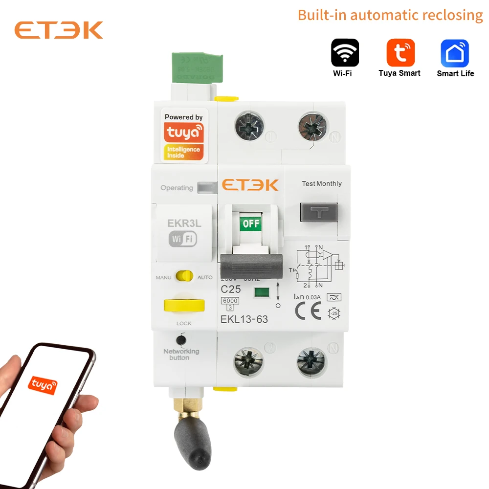 Фото Умный автоматический выключатель ETEC Tuya WiFi RCBO с дистанционным управлением, защитой от короткого замыкания, таймером, 2P, без функции измерения энергопотребления, EKR3L №3