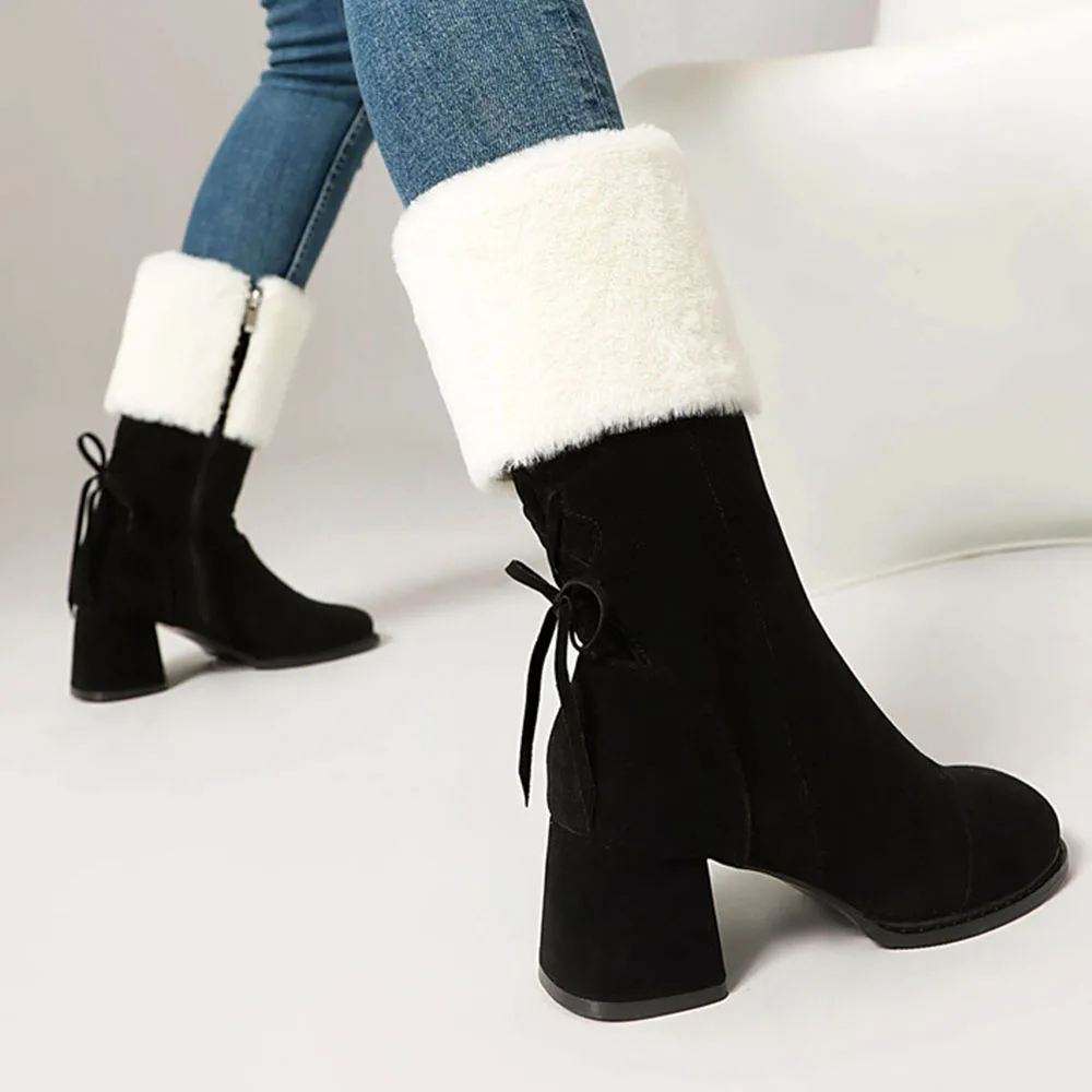 GIGIFOX Хутряные зимние теплые ботинки из флока на массивном высоком каблуке с