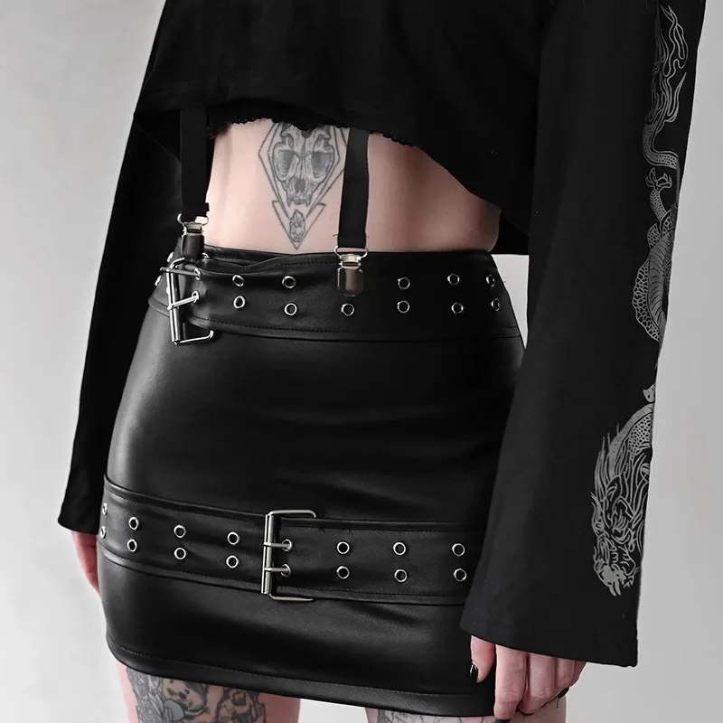 

Gothic Punk Style High Waist Faux Leather Skirt Women Elengant Buckle Belt Black PU Pencil Mini Skirts Female Chic Streetwear