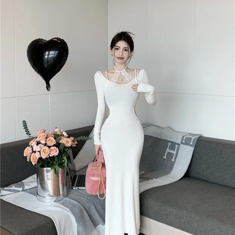 Облегающий талию сексуальный кружевной топ с подвесным воротником элегантная