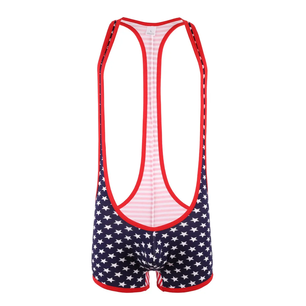 YUFEIDA Sexy Mens Undershirt Underwear Soft USA Flag Bodysuit Sexy Tank Tops Men One Piece Jumpsuit Wrestling Singlet Undershirt