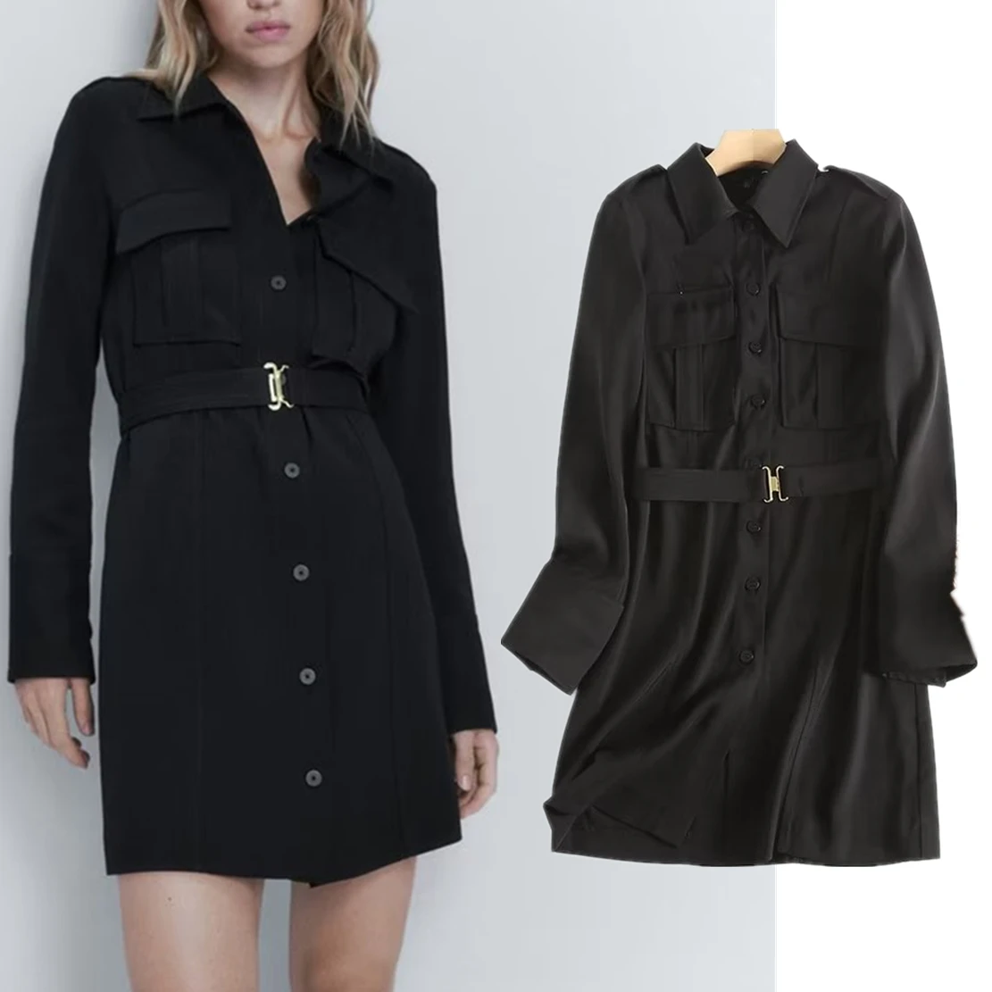 

Maxdutti Black Pockets Cargo Dress Women French Style Office Lady Fashion Mini Dress