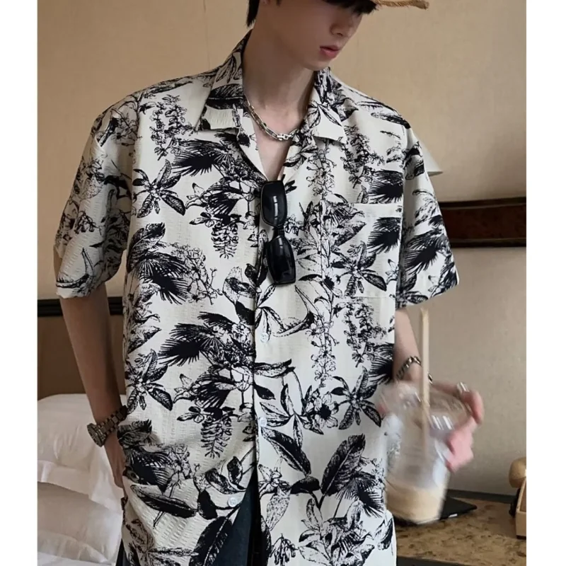 

Japanese Vintage Cuban Collar Hawaiian Print Flower Shirt for Men Short Sleeve Beach Harajuku Loose Casual Men Dress Shirt
