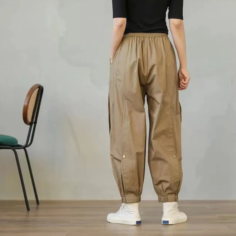 

Casual Sports Trousers Women Summer Overalls Pants Button Mid Waist Elastic Loose Ankle-length Pants All-matched Harem Pants