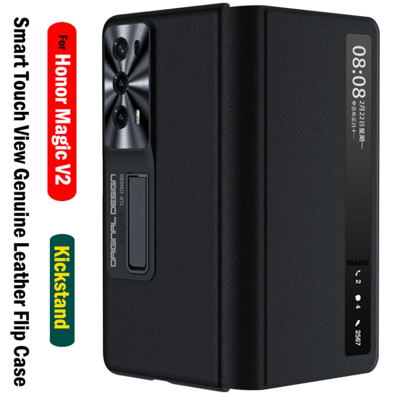 

Genuine Leather Flip Cover for Honor Magic V2 Case Smart Touch View Window Funda for Honor Magic V2 Case Kickstand Holder Capa