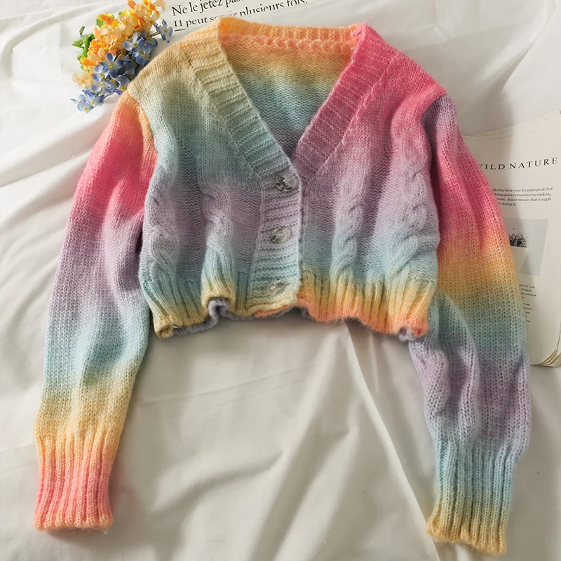 

Sweater Cardigan Women Autumn Spring New V Neck Colored 3 Buttons Loose Short Sweater Sweet Long Sleeve Knitting Tops