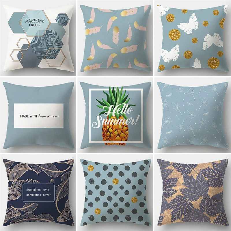 

45x45cm Ocean Blue Letter Alphabet Pillow Cases Pineapple Leaves Plant Pillowslip Custom Sofa Household Cushion Cover Home Decor