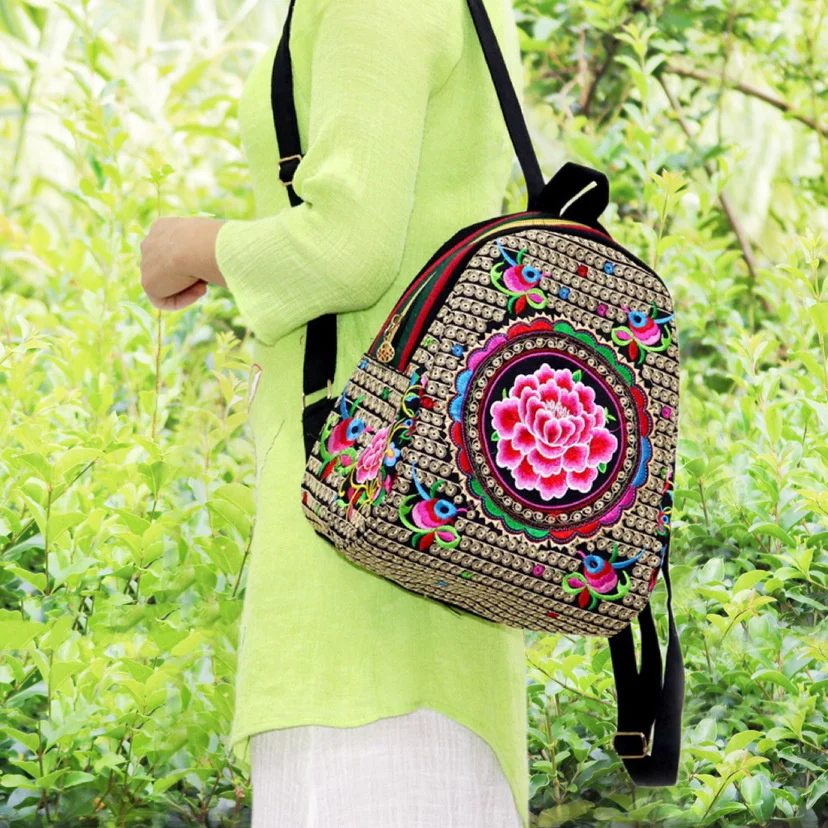 

Embroidery Canvas Bag Backpack Leisure Retro Ethnic Style Colorful Woven