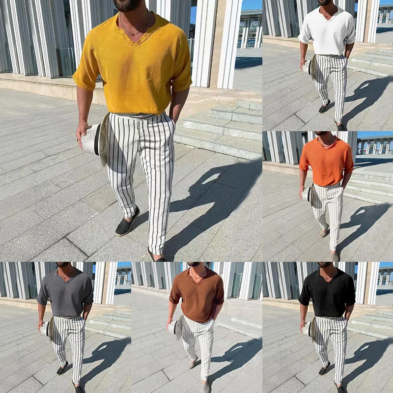 

Men's New Summer Sports Cotton Linen Suit Men's Short Sleeve Pants Casual Fashion Suit