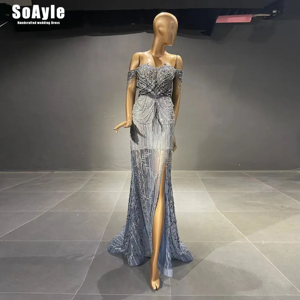 

SoAyle Blue Beaded Sequins Luxury Evening Dresses Seartheart Sleeveless Sexy Front Slit Formal for Women Party Catwalk CA21720