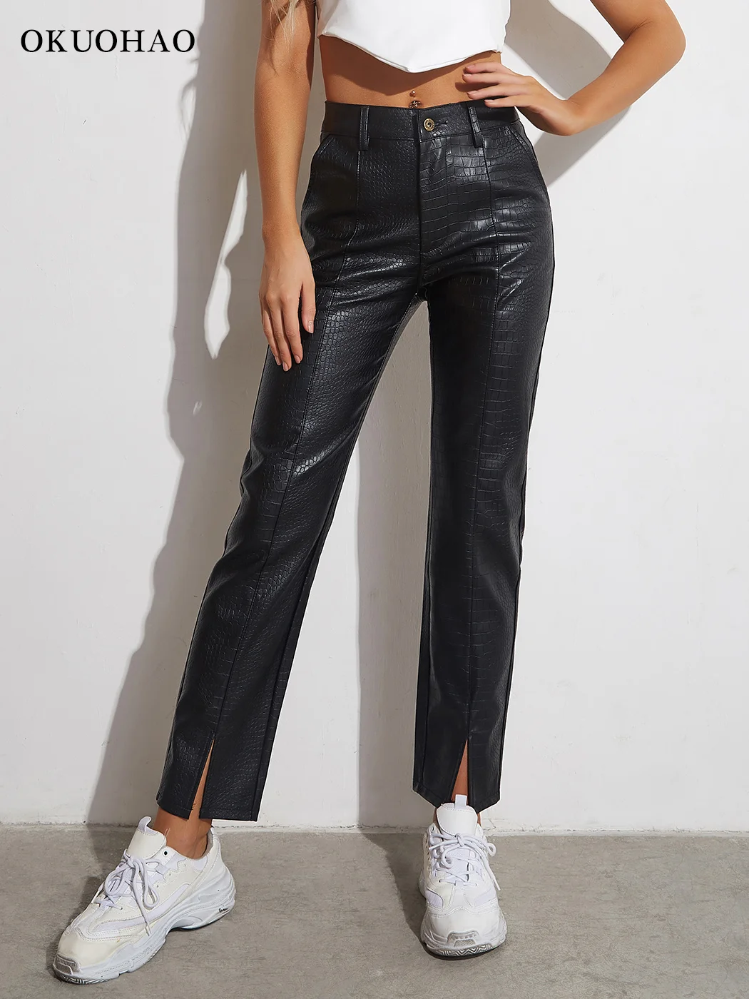 

Women Faux Leather Pants High Waist Wide Leg Vintage Pu Trousers Y2k Sexy Baggy Straight Leather Pants Streetwear Women Clothing