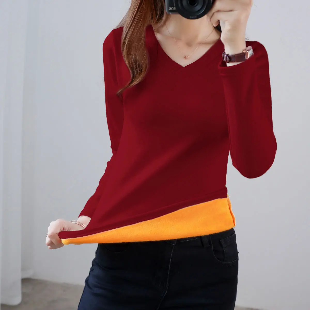 Winter Thermal Underwear Ladies Plus Velvet Thickening V-neck Tight-fitting Heating One-piece Top Bottoming Shirt