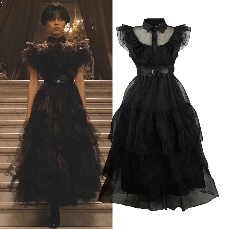 

Wednesday Addams Cosplay Costume for Woman Girl Kids Black Evening Dress Including Belt Suitable Height 110-185cm