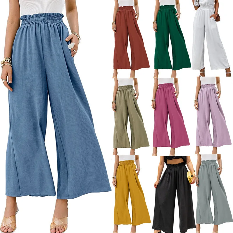 2023 New Summer Linen High Waist Comfortable Wide Leg Pants Women Casual Fashion Elastic Pants Solid Color Street Sports Pants