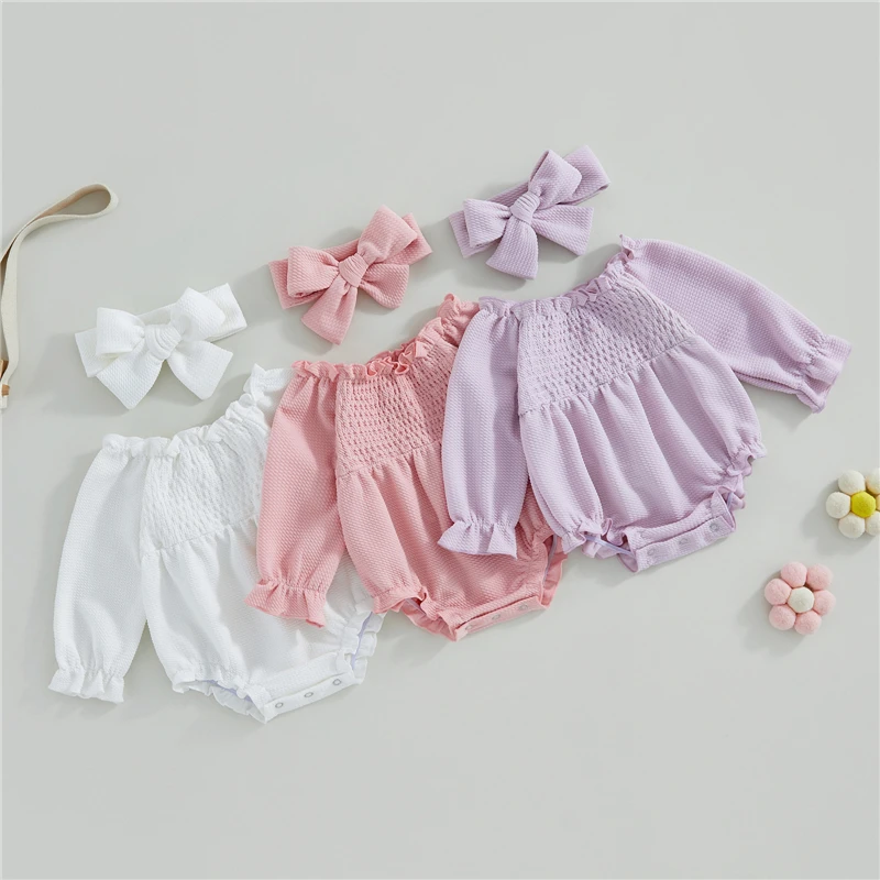 

Girls Long Sleeve Romper Newborn Infant Girl Off-shoulder Solid Pleated Romper with Hairband Baby Clothing
