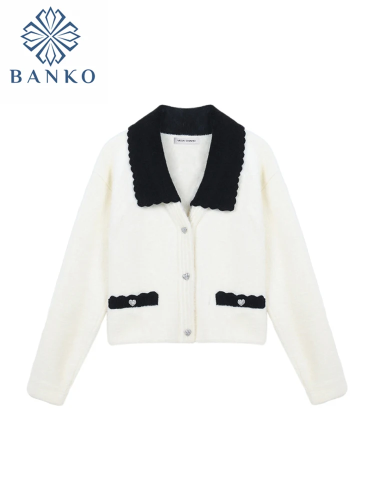 

Women Contrast Color Ripple Design Knitwear Lapel Heart Button Knitted Cardigan Sweater Female French Style Vintage Sweet Cute