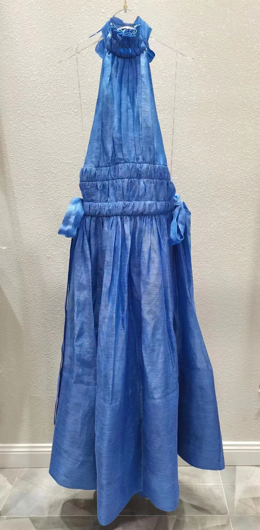 

Платье-майка из смеси шелка и льна, однотонное синее платье до середины икры с открытой спиной, весна-лето
