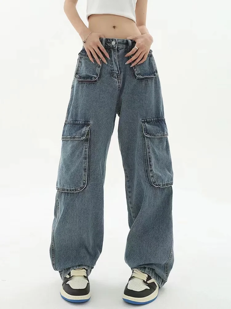 ADAgirl Blue Women Cargo Pants Y2k Vintage Oversize Low Waist Ladies Jeans 90s Streetwear Hip Hop Straight Causal Bottoms 2023