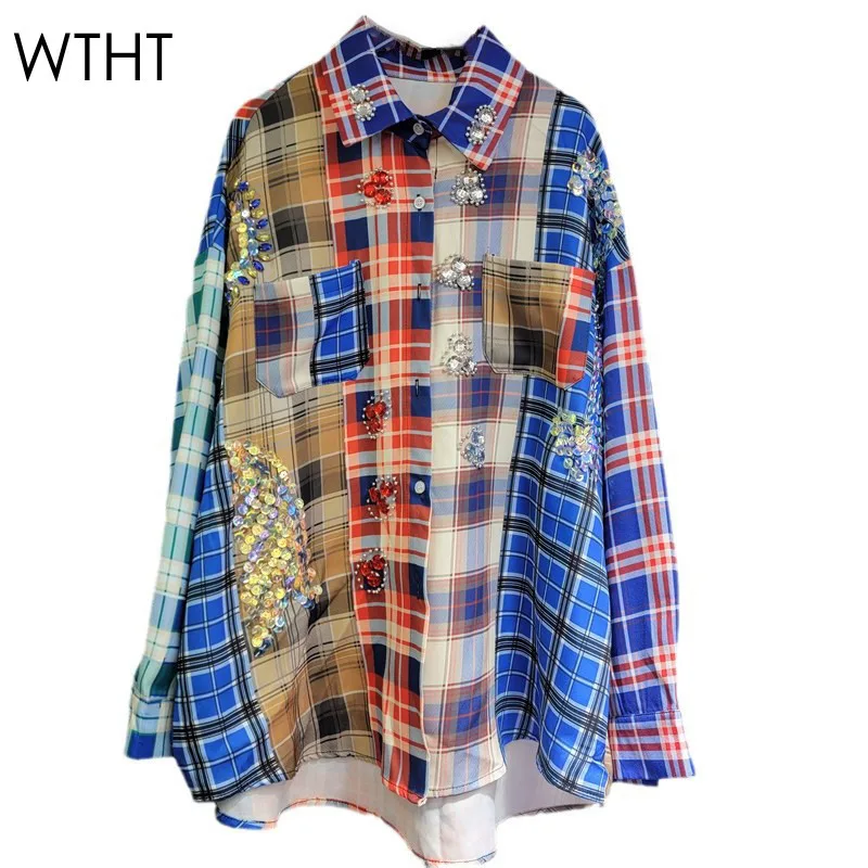 WTHT модные новые женские рубашки в клетку с яркими бриллиантами 2024 зимняя