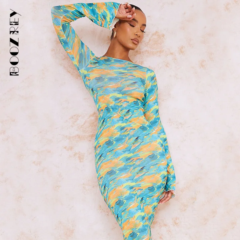 

BoozRey Y2k Sexy O Neck Long Sleeve Bodycon Maxi Dress Women 2023 Spring Fall Fashion Print Slim Party Dresses Streetwear Outfit