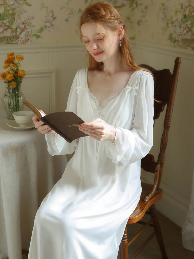 Women Spring Vintage Night Dress Long Sleeve Cotton Victorian Nightgowns Pajamas Ruffles Fairy V-Neck Princess Sleepwear