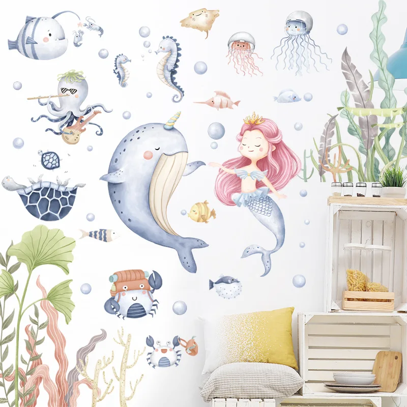 

Dolphin Mermaid Wall Stickers for Kids Children Room Bathroom PVC Poster Murals Wall Decorations Self-adhesive Wallpapers