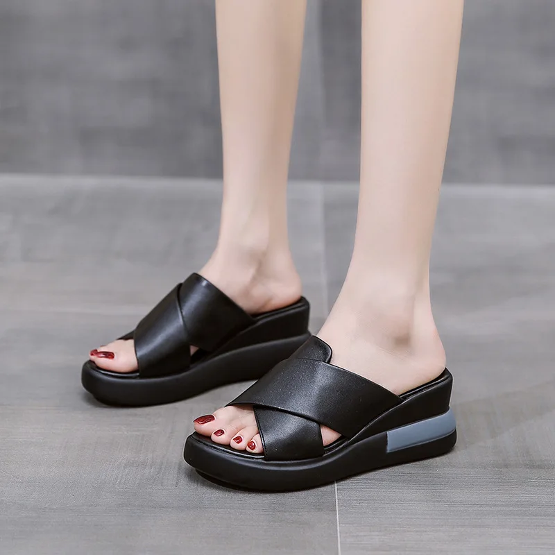 Women's Wedge Slippers Summer 2022 New Casual Open Toe Platform Slides Women's Roman Sponge Cake Cross Large Size Slippers New
