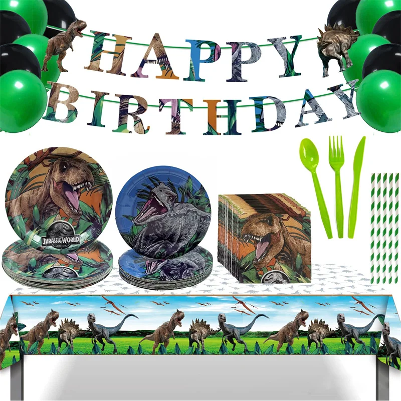 

Dinosaur Disposable Tableware Jungle Safari Dino Happy Birthday Banner Backdrops Tablecover for Baby Shower Wedding Party Decor