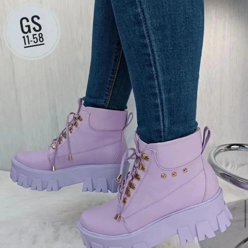 

2022 Winter New Ankle Boots Fashion Purple Platform Chelsea Shoes Casual Lace Up Warm Punk Rivets Cozy Rock Women's Combat Botas