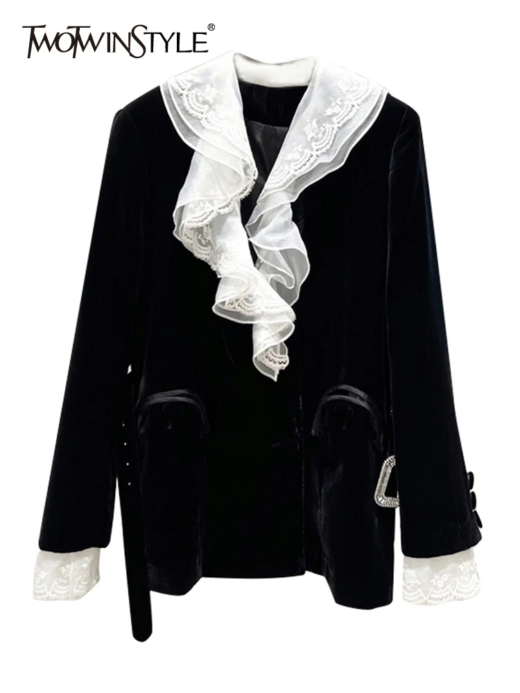 

TWOTWINSTYLE Lace Panel Elegant Blazer For Women V Neck Long Sleeve Colorblock Blazers Female Autumn Clothing Fashion 2022 Style