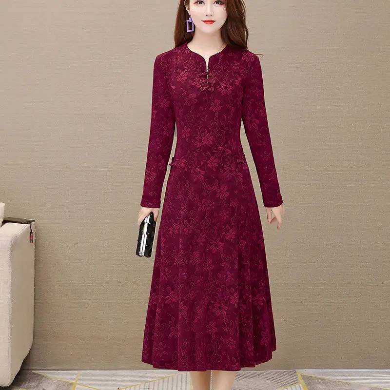 Plus Size Autumn Winter Elegant Dress V Neck Vintage Long Sleeve Party Maxi Robe Femme Slim Waisted 5XL J103 | Женская одежда