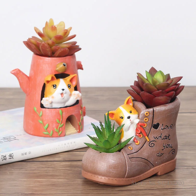 

American pastoral cute puppy cartoon animal succulents flower pot resin home decoration desktop garden decoration flower pot