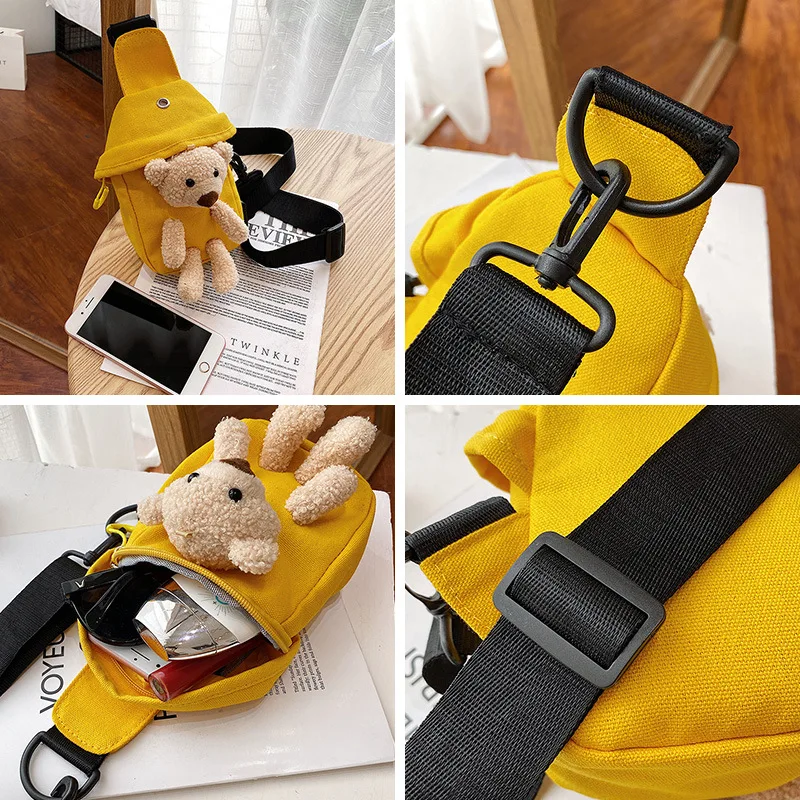 Kawaii Bear Canvas Chest Bag Fun Design Korean Style Men Women Shoulder Bag Cute Cartoon Plush Doll Mini Crossbody Bag Kids Gift