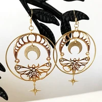 handmade butterfly moth gold dangle earrings long earrings boho jewelry bohemian moon luna sun jewelry moth earrings