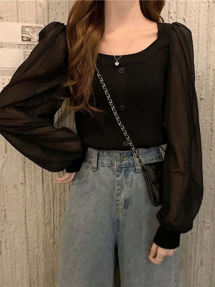 

Women's Fashion Puff Sleeve Patchwork Shirts Spring Summer Women's Black Tops And Blouses