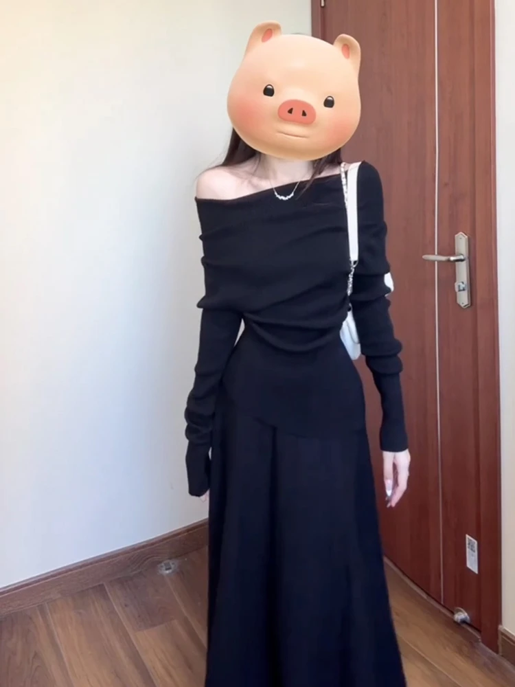 Hepburn Sle черное темпераментное платье с открытыми плечами женское 2024 новый