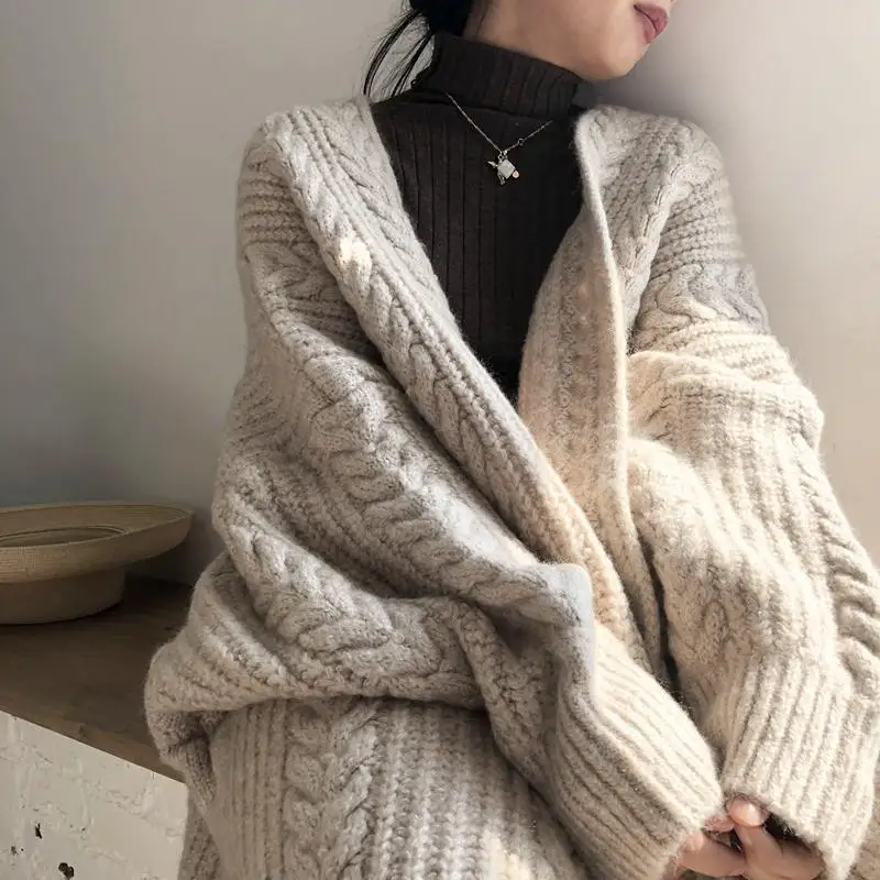 

Oversize Warm Wild Women Tops Solid Color New Knitted Cardigan Fashion Thickened Long Sleeve Women Coat Female Cardigan 77H