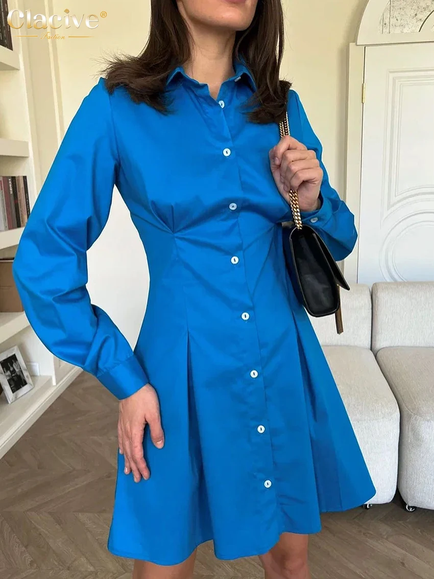 

Clacive Fashion Blue Office Women'S Dress Bodycon Lapel Long Sleeve Mini Dresses Shirt Elegant Slim Single-Breasted Female Dress