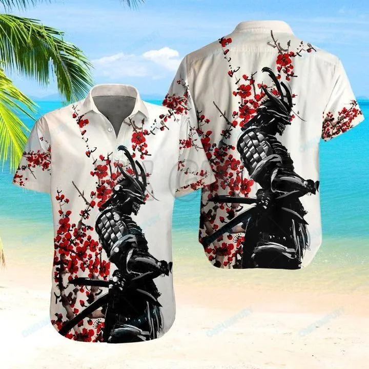Samurai Warrior Red Flower Hawaiian Shirt 3D All Over Printed Hawaiian Shirt Men's For Women's Harajuku Casual Shirt Unisex